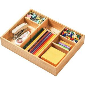 Bamboo Desk Drawer Organizer Adjustable Compartments Office Supplies Storage Tra